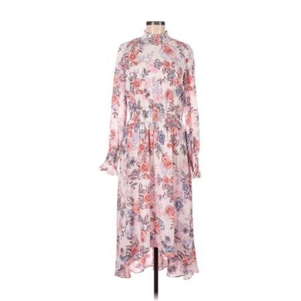 NANETTE LEPORE Floral Smocked Mock Neck WHIMSICAL Fairy Garden Midi Dress size 0
